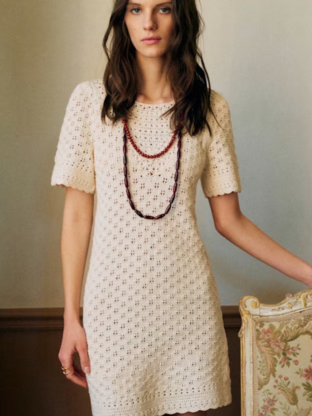 Sezane Cream Crocheted Mini Dress